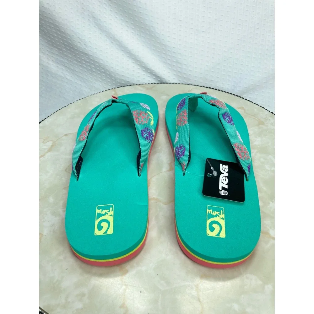 Teva Mush II Floral Embroidered Flip Flop Sandals Kids 6 Teal Green Summer Chic